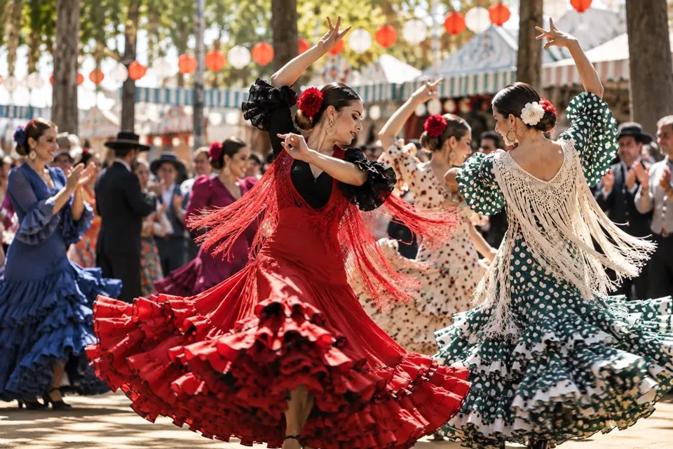 Grupo bailando sevillanas con trajes de flamenca