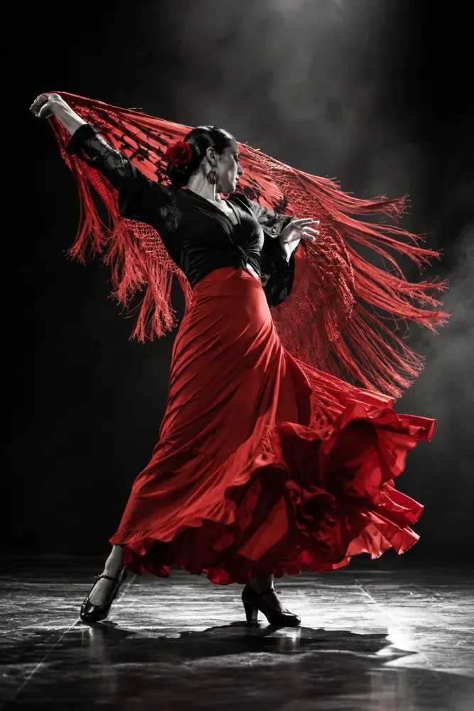 Bailaora con mantón y falda roja
